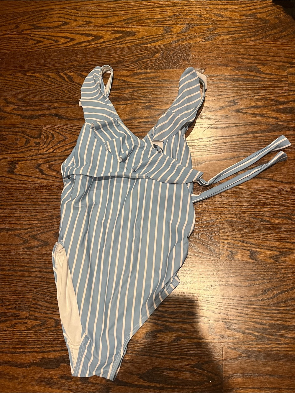 Adorable blue and white striped maternity and nursing bathing suit